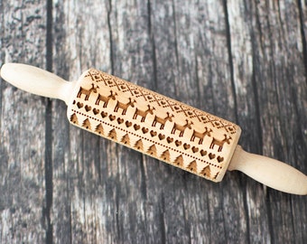 Christmas pattern - Mini rolling pin, Embossing rolling pin, Cookies decorating roller, Laser engraved rolling pin