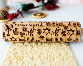 Happy Hanukkah - Embossing rolling pin, Cookies decorating roller, Laser engraved rolling pin