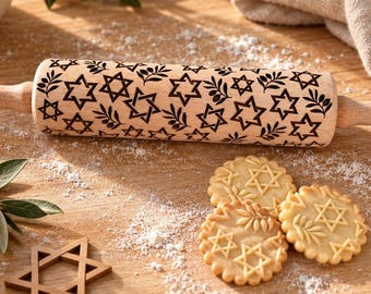 Star of David Rolling Pin, Jewish Cookie Embosser, Engraved Wooden Rolling Pin
