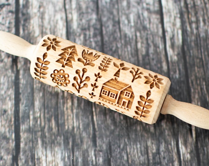 Scandinavian Nordic Folk - Mini Rolling Pin, Embossing rolling pin, Laser engraved rolling pin, Cookies decorating roller