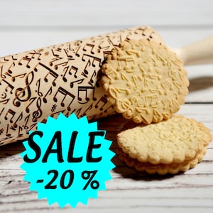 Embossing rolling pin - Musical notes pattern, Cookies decorating roller, Laser engraved rolling pin