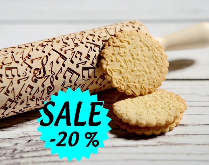 Embossing rolling pin - Musical notes pattern, Cookies decorating roller, Laser engraved rolling pin