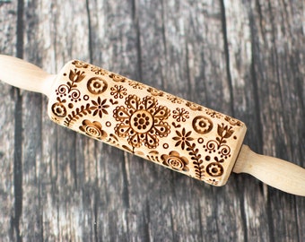 Scandinavian folk - Mini Rolling Pin, Embossing rolling pin, Laser engraved rolling pin, Cookies decorating roller