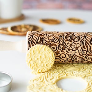 Floral pattern - Embossing rolling pin, Cookies decorating roller, Laser engraved rolling pin