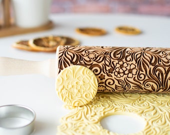 Floral pattern - Embossing rolling pin, Cookies decorating roller, Laser engraved rolling pin