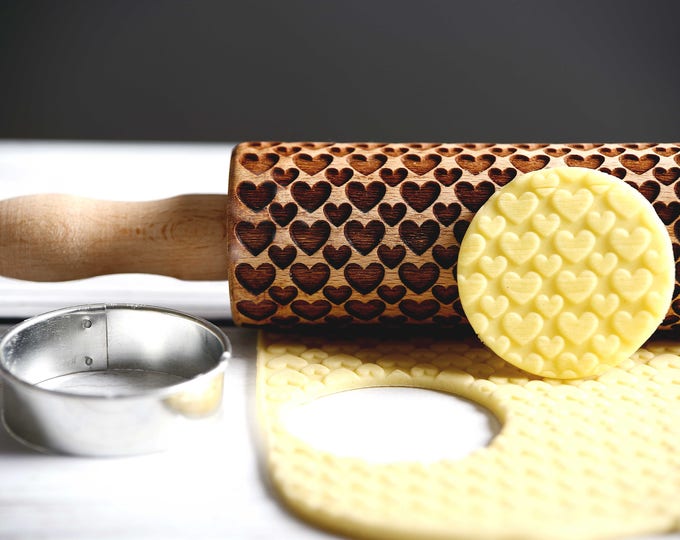 Hearts - Mini Rolling Pin, Embossing rolling pin, Laser engraved rolling pin, Cookies decorating roller