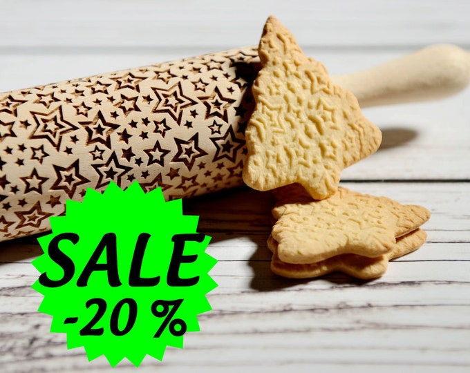 Embossing rolling pin - Stars pattern, Cookies decorating roller, Laser engraved rolling pin