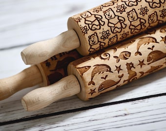 SET of 3 Mini Rolling Pins - laser engraved rolling pin, Cookies decorating roller
