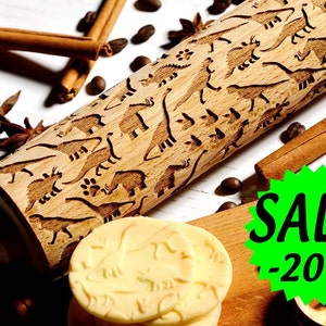Dinosaurs - Embossing rolling pin, Cookies decorating roller, Laser engraved rolling pin