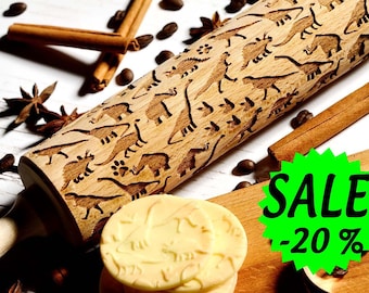 Dinosaurs - Embossing rolling pin, Cookies decorating roller, Laser engraved rolling pin
