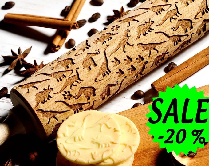 Dinosaurs - Embossing rolling pin, Cookies decorating roller, Laser engraved rolling pin