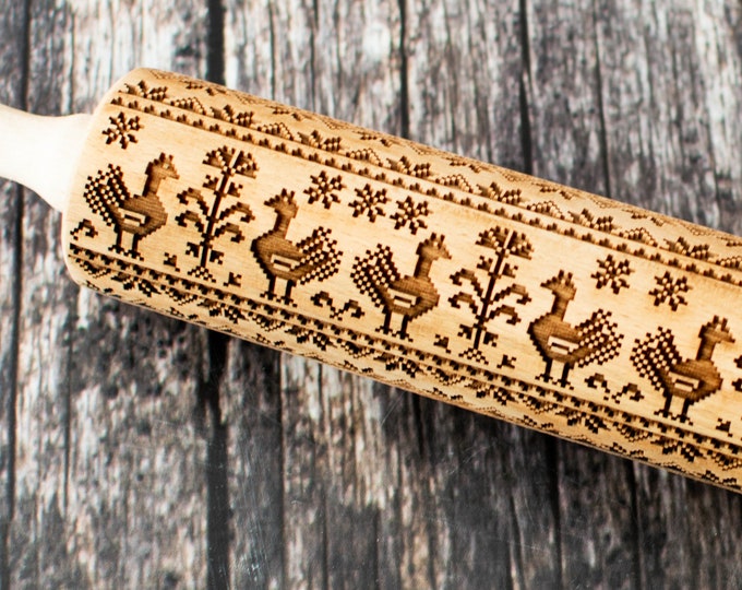 Ukrainian folk pattern - Embossing rolling pin, Cookies decorating roller, Laser engraved rolling pin