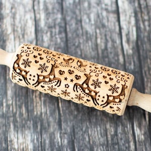 Christmas deer - Mini Rolling Pin, Embossing rolling pin, Laser engraved rolling pin, Cookies decorating roller
