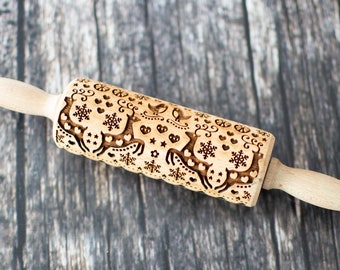 Christmas deer - Mini Rolling Pin, Embossing rolling pin, Laser engraved rolling pin, Cookies decorating roller