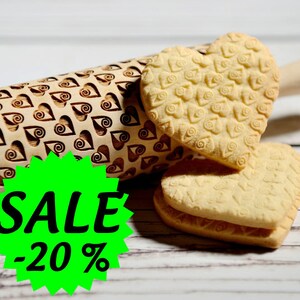 Embossing rolling pin - Pixilated hearts pattern, Cookies decorating roller, Laser engraved rolling pin