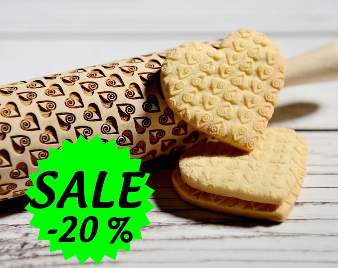 Embossing rolling pin - Pixilated hearts pattern, Cookies decorating roller, Laser engraved rolling pin