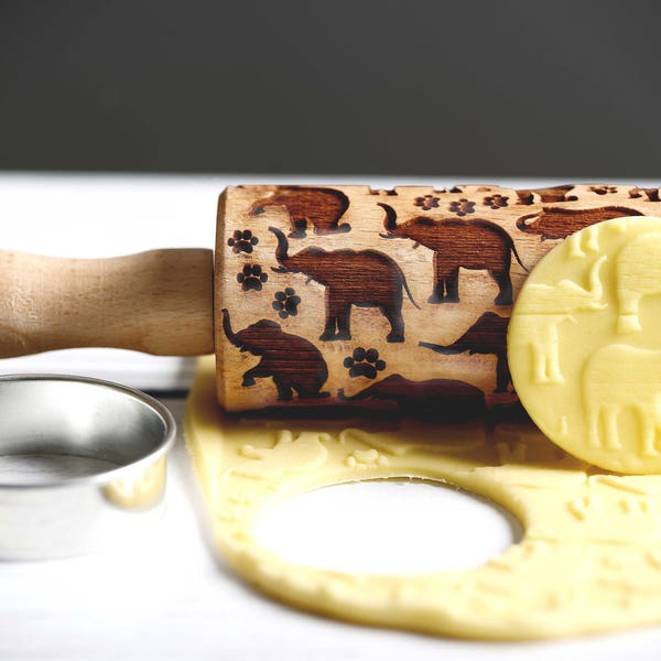 Elephants - Mini Rolling Pin, Embossing rolling pin, Laser engraved rolling pin, Cookies decorating roller