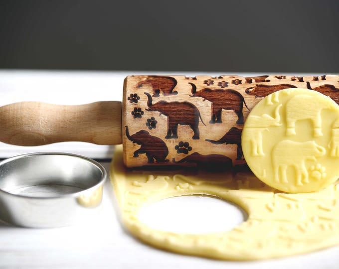 Elephants - Mini Rolling Pin, Embossing rolling pin, Laser engraved rolling pin, Cookies decorating roller