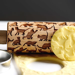Cats - Mini Rolling Pin, Embossing rolling pin, Laser engraved rolling pin, Cookies decorating roller