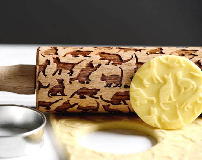 Cats - Mini Rolling Pin, Embossing rolling pin, Laser engraved rolling pin, Cookies decorating roller