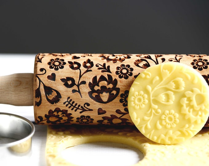 Folk pattern - Mini Rolling Pin, Embossing rolling pin, Laser engraved rolling pin, Cookies decorating roller