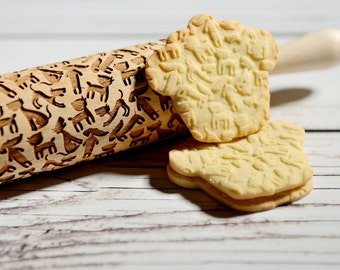 Embossing rolling pin - Sweet dogs pattern, Cookies decorating roller, Laser engraved rolling pin