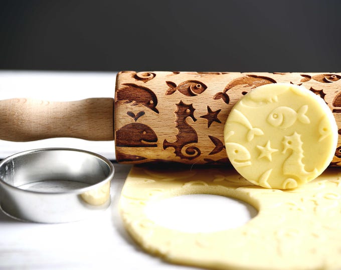 Ocean - Mini Rolling Pin, Embossing rolling pin, Laser engraved rolling pin, Cookies decorating roller