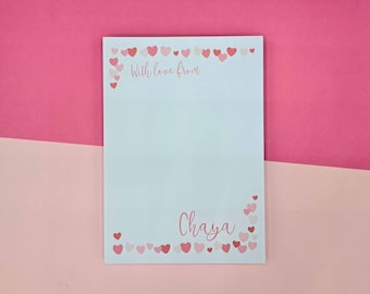 Personalised Notepad, Pink Hearts Writing Paper, A5 or A6 Note Pad, Gift Wrapped, Fun Stationery, Memo Pads Cute, Friend Gift for Girls