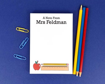 Teacher Notepad with Apple, Pencil and Ruler Illustrations, A5 A6 Personalised Notepaper, Tear-off Notepad