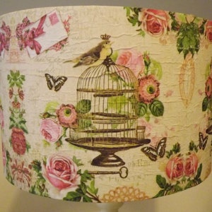 Pink Birdcage Lampshade, light shade, Decoupage shabby chic, postcard carte postal french script