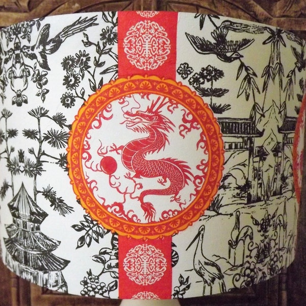 Chinese Dragon Lampshade  shabby chic  lamp shade, oriental exotic black white red orange Free Gift