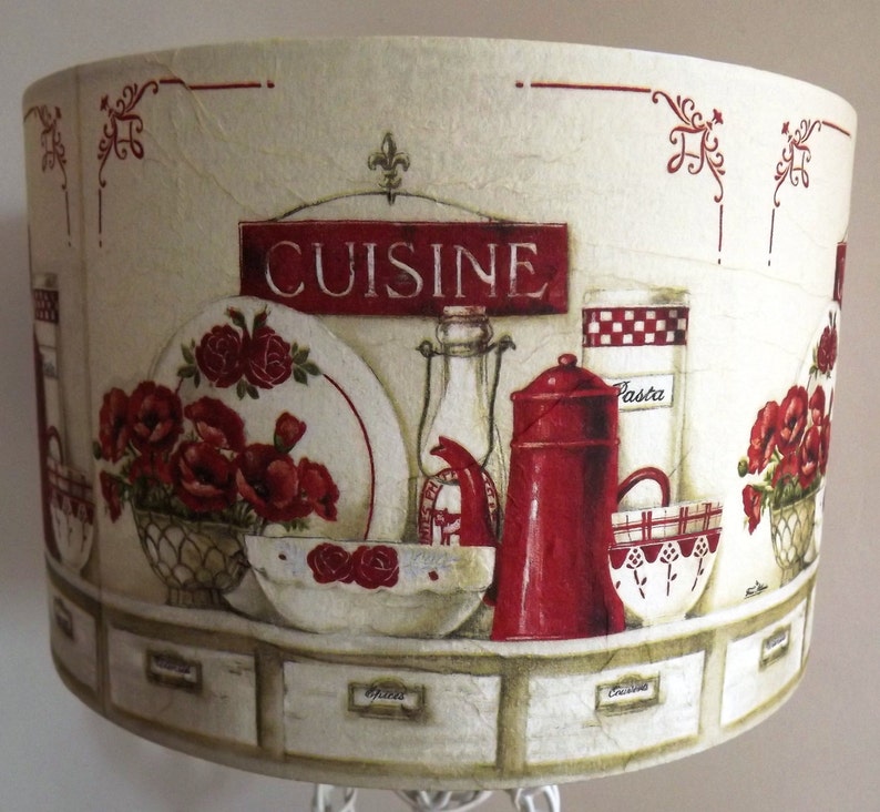 Red & Cream Kitchen Table Lampshade shabby chic vintage French country decoupage Fatta da Mamma image 3