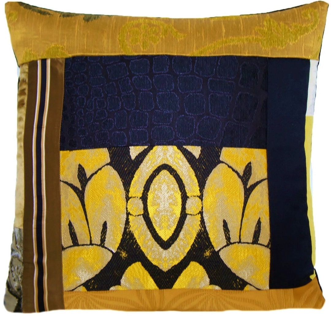 Decorative Throw Pillow Case Velvet and Silk Gold and Yellow Flowers Unique Patchwork Cushion
