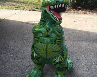 Dinosaur cookie jar - T-rex - Tyrannosaurus Rex - painted cookie jar - dino decor - kitchen decor - cookie jar - green decor - dinosaur