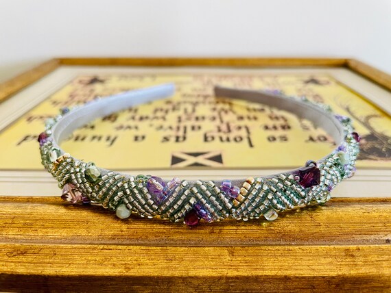 Sage Green Swarovski Beaded Headband Purple Gold Crystal 