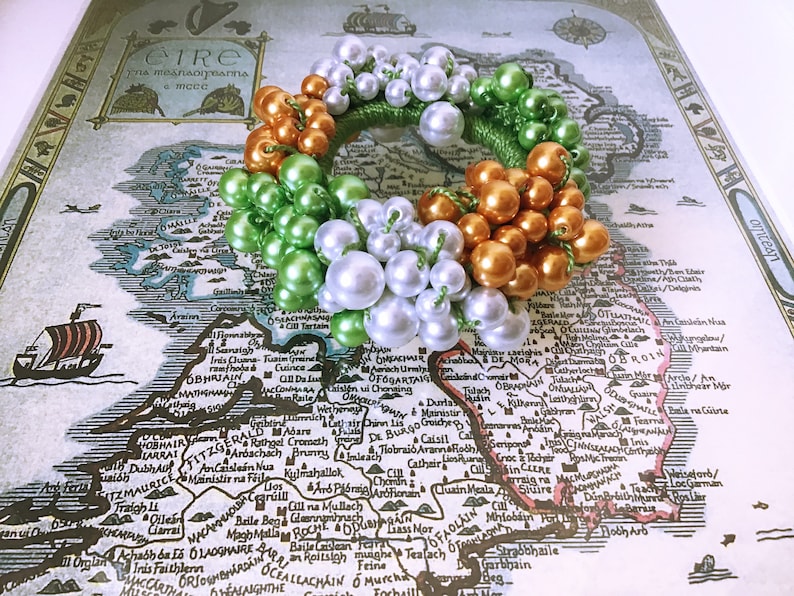 Irish Tricolour flag beaded Crochet Hair Scrunchie Ponytail Holder,Green Women Hair Accessaries St Patricks day Bead Crocheted Bobble