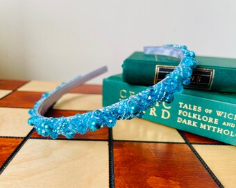 Highland Lakes Aqua Blue Beaded Headband - 1cm Crystal & Pearl Elegance