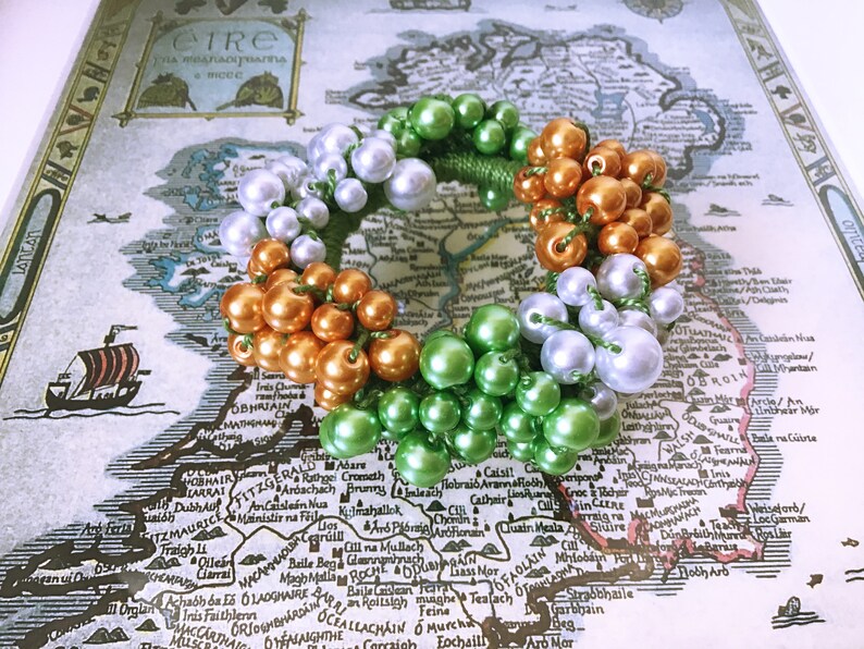 Irish Tricolour flag beaded Crochet Hair Scrunchie Ponytail Holder,Green Women Hair Accessaries St Patricks day Bead Crocheted Bobble