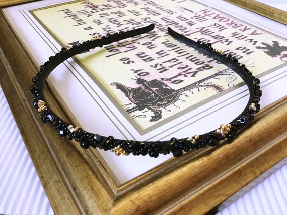 Black & Gold Elegance: Narrow Beaded Headband | Crystal  display picture 3