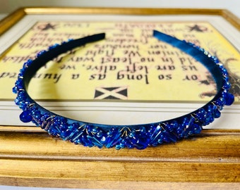 Sparkly Rainbow blue crystal beaded headband, Beaded Hair Band, Beaded Alice Band,Bridesmaid headpiece, blue Hair Accessories