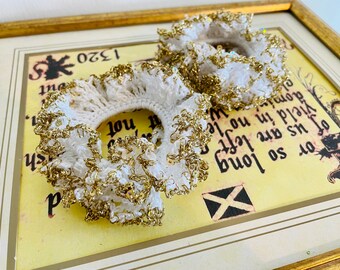 2 Gold edged White double frills fluffy lace crochet Hair Scrunchies, Lace Hair Tie, Women Hair Accessaries