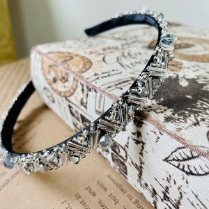 Silver moon Czech fire polish beaded headband,Gothic Headband