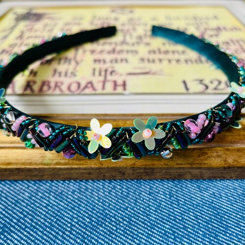 Emerald & Pink Floral Beaded Headband | Elegant Green Alice  display picture 1