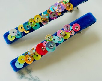 Grampos de cabelo de veludo Fairy Dust – Grampos de cabelo artesanais com contas brilhantes, lantejoulas e strass | Conjunto de 2 | Presente para meninas e mulheres