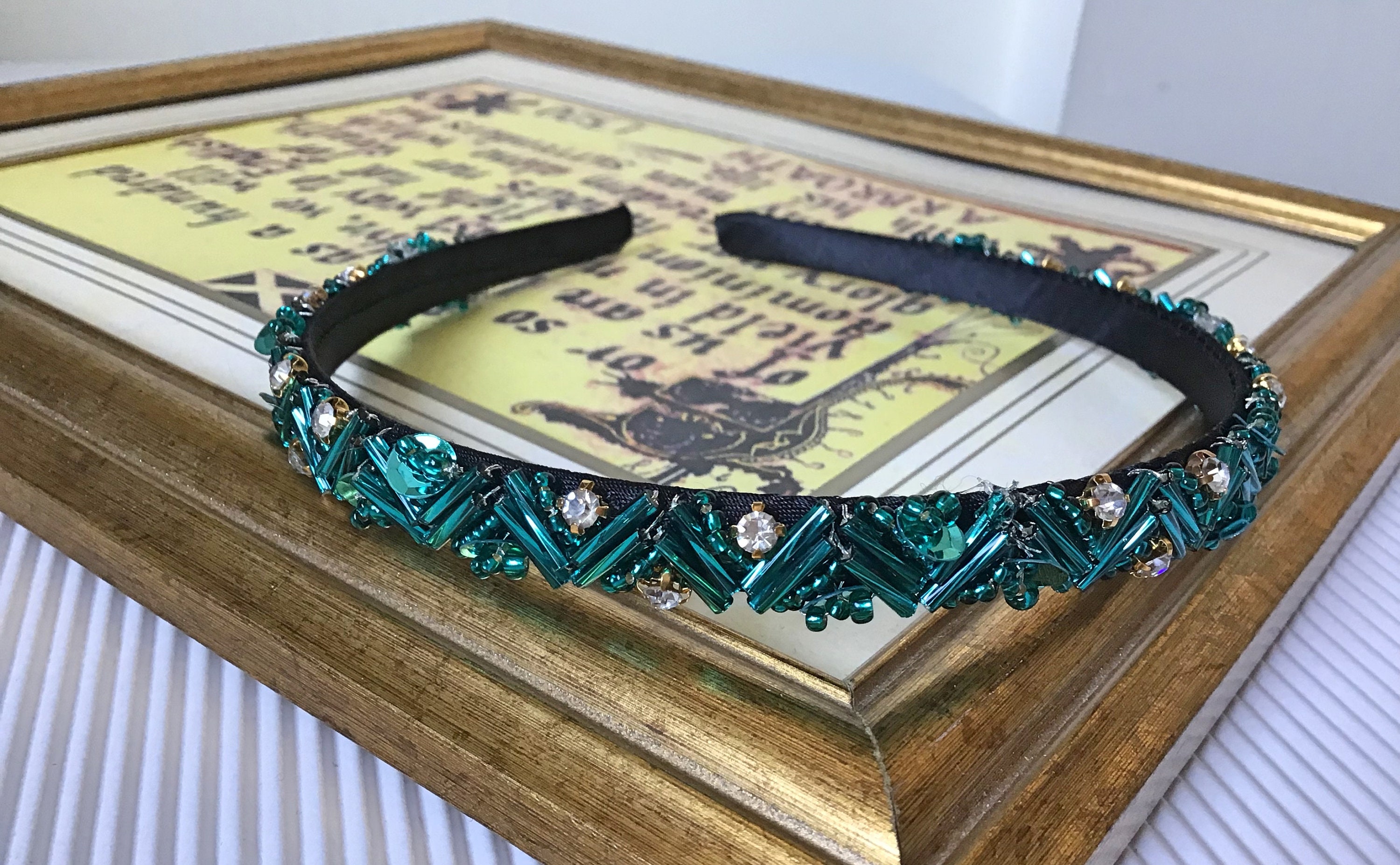 NORDSTROM + NFC Fancy Hand Beaded Crystal Teal Turban Style Glam Hair Headband Twine and Love | Green Top Knot Headband | Handmade Hair  main image 3