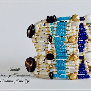 Navy turquoise matt gold and white Czech beaded statement bracelet Czech glass beads bracelet Wide cuff bracelet,