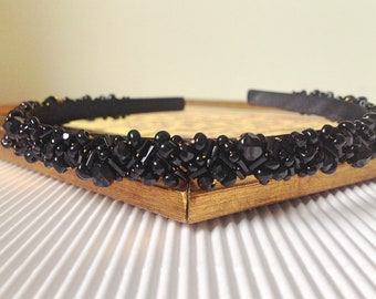 Jet Black Beaded Headband - Czech Fire Polish, Gothic Style, Alice Band, Bridesmaid Headpiece, Black Hair Accessory