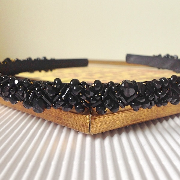 Jet Black Beaded Headband - Czech Fire Polish, Gothic Style, Alice Band, Bridesmaid Headpiece, Black Hair Accessory