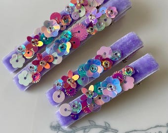 Presilhas de cabelo de veludo com miçangas lavanda – Presilhas de lantejoulas com flores feitas à mão | Miçangas Miyuki e acessórios de cabelo em tons pastel para meninas