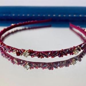 Dark Red AB Swarovski beaded narrow Headband Red gold crystal tiara Ruby crystal crown Red Bridesmaid headpiece Red Hair Accessories
